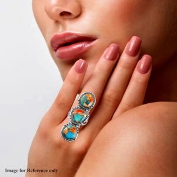 Huge Spiny Turquoise Bold 3 Stone Ring in Sterling Silver 9 Grams 2.50 ctw NWT - Picture 6 of 8